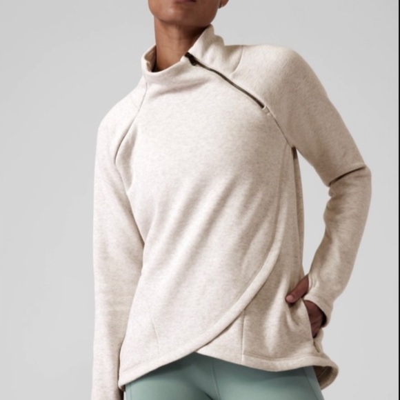 ATHLETA heather ivory high rose gold diagonal zipper neckline sweatshirt top. Sm - Picture 1 of 10